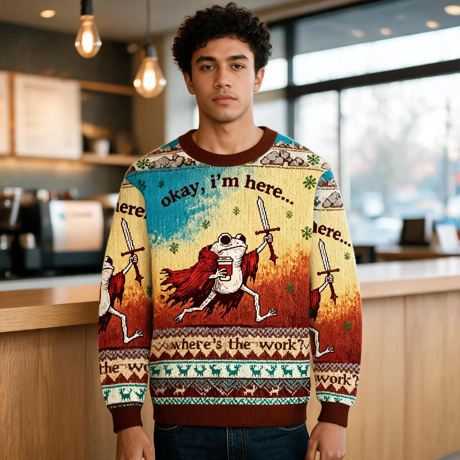 Funny Frog Worker Okay I’m Here Ugly Sweater Holiday Wear Unique Gift Funny Frog Worker Okay I’m Here Ugly Sweater Holiday Wear Unique Gift worn by a model