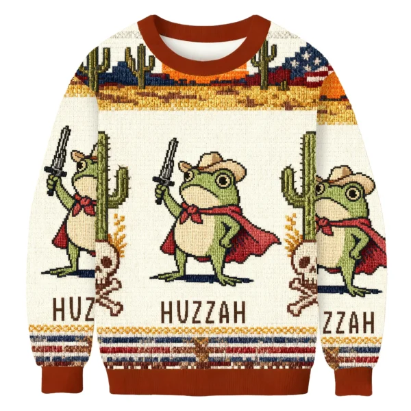 funny huzzah frog with sword christmas ugly sweater christmas.webp