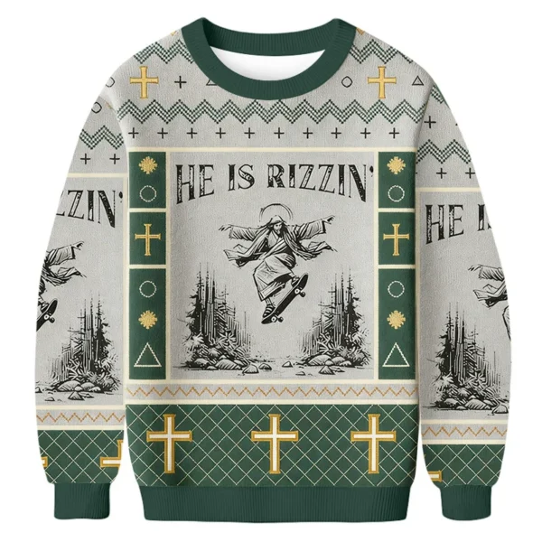 funny jesus skateboard ugly sweater he is rizzin winter apparel.webp
