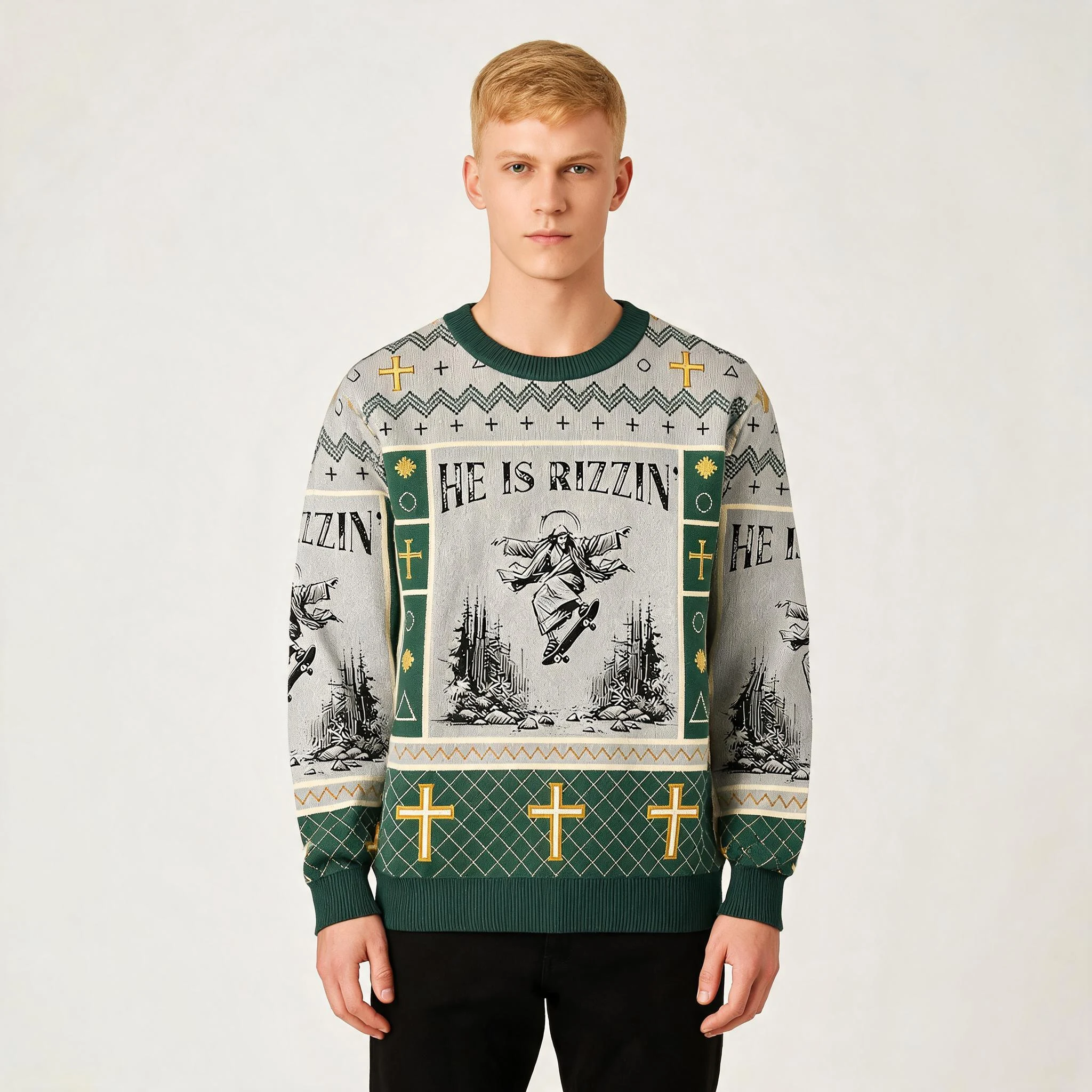 Funny Jesus Skateboard Ugly Sweater He Is Rizz Funny Jesus Skateboard Ugly Sweater He Is Rizz