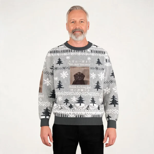 Funny Melancholy Cat Christmas Ugly Sweater Fe
