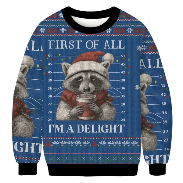 funny raccoon first of all christmas ugly sweater xmas wear raccoon.webp