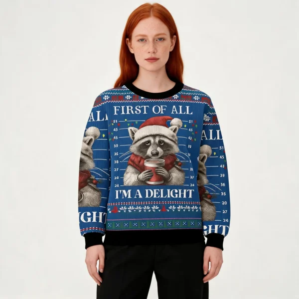 Funny Raccoon First Of All Christmas Ugly Swea