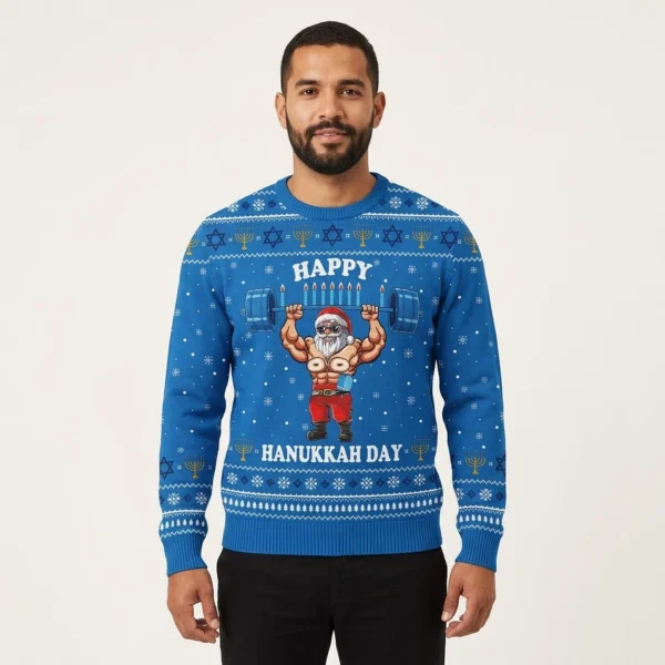 Funny Santa Lifting Ugly Holiday Sweater Hanuk