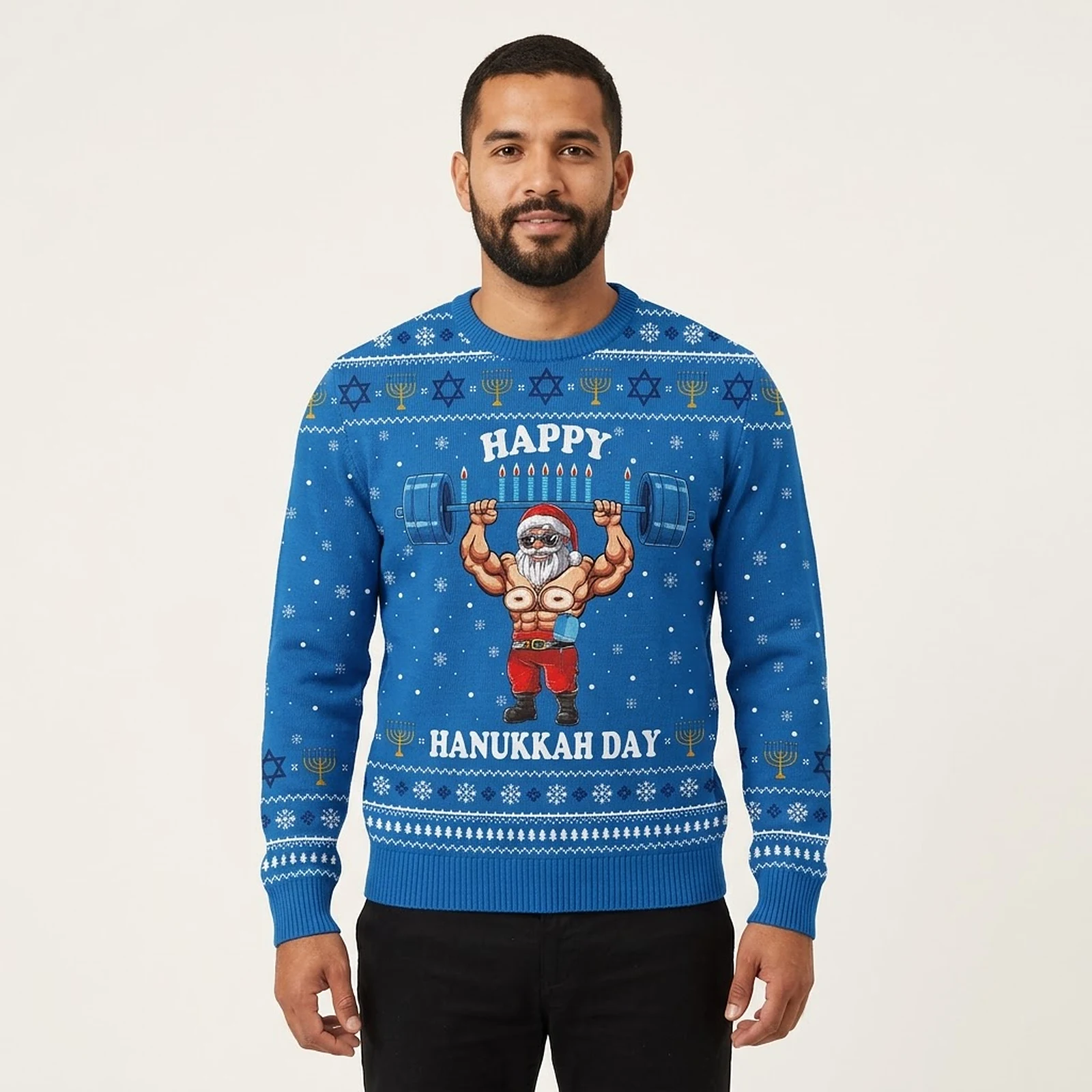 Funny Santa Lifting Ugly Holiday Sweater Hanuk Funny Santa Lifting Ugly Holiday Sweater Hanuk