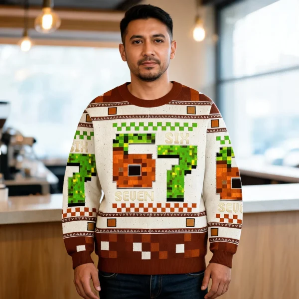 Funny Six Seven Ugly Sweater Funny Meme Pixel Art Holiday Clothing worn by a model