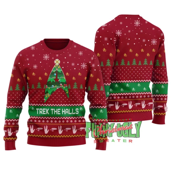funny trek the hall ugly christmas sweater cardinal red casual winter.webp