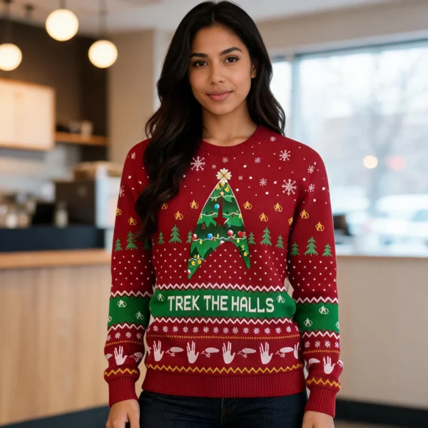 Funny Trek The Hall Ugly Christmas Sweater Cardinal Red Casual Winter worn by a model