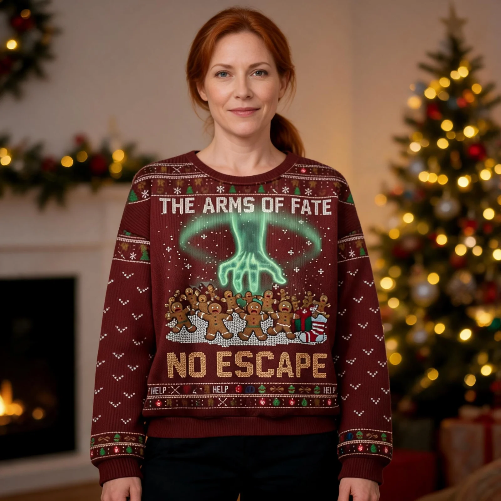 Gingerbread Christmas Ugly Sweater The Arms Of Fate No Escape Gingerbread Christmas Ugly Sweater The Arms Of Fate No Escape worn by a model
