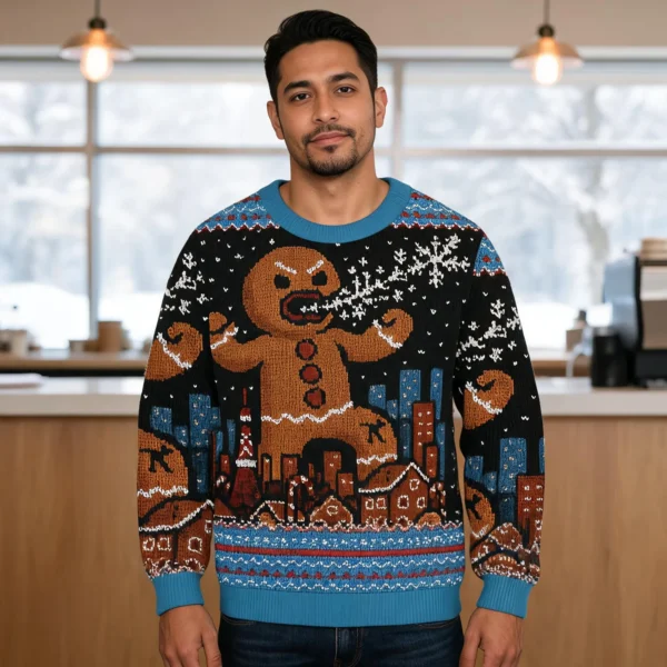 Gingerbread Monster Christmas Ugly Sweater Holiday Apparel Xmas Gift worn by a model