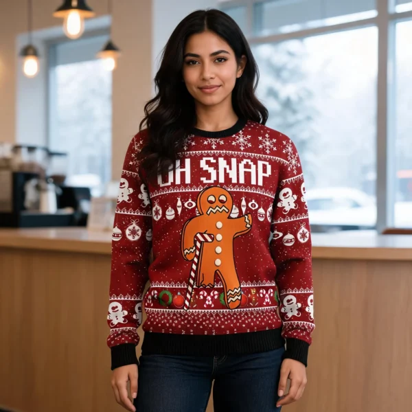 Gingerbread Oh Snap Ugly Christmas Sweater Holiday Clothing Xmas Gift worn by a model