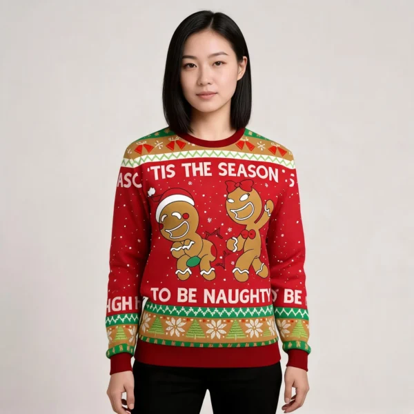 Gingerbread Ugly Christmas Sweater Tis The Season To Be Naughty worn by a model