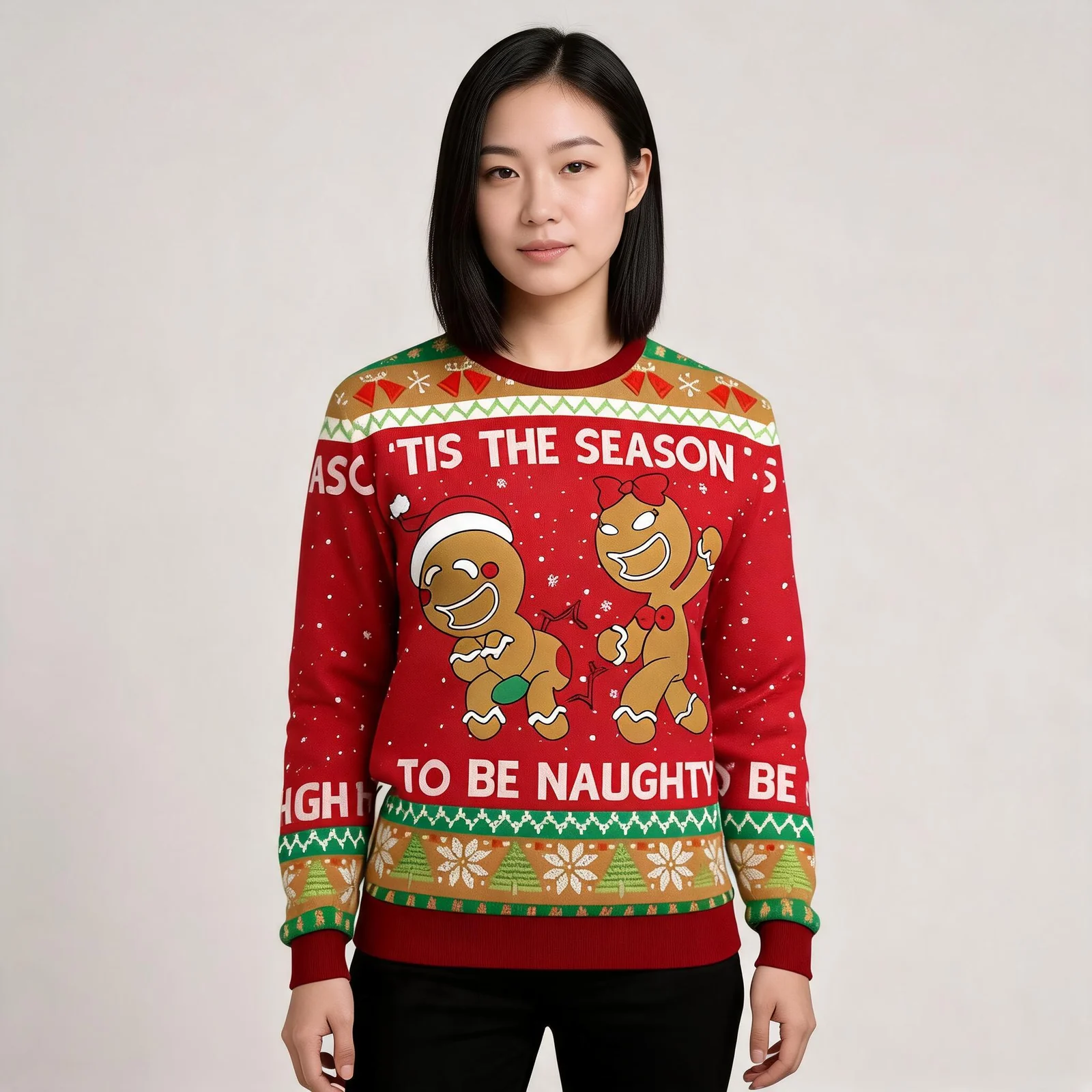 Gingerbread Ugly Christmas Sweater Tis The Season To Be Naughty Gingerbread Ugly Christmas Sweater Tis The Season To Be Naughty worn by a model