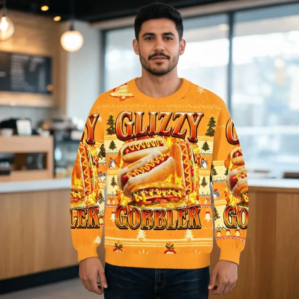 Glizzy Gobbler Hot Dog Christmas Ugly Sweater Holiday Apparel worn by a model