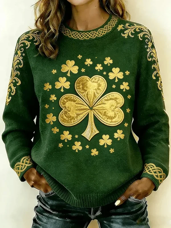gold shamrock celtic knit sweater st patrick s day women dark green.webp