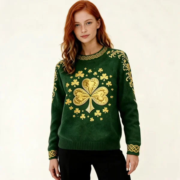 Gold Shamrock Celtic Knit Sweater St Patrick’s