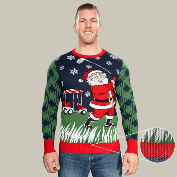 golfing santa claus snowflakes knitted ugly christmas sweater ugly.webp