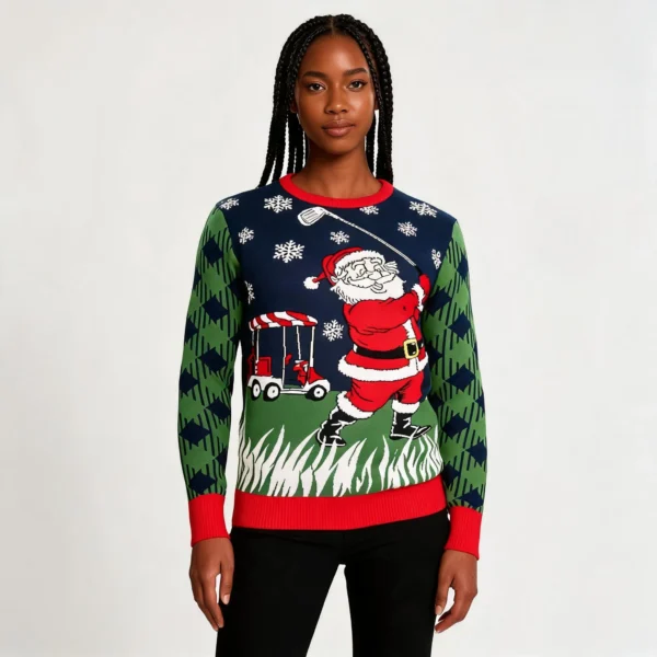 Golfing Santa Claus Snowflakes Knitted Ugly Ch