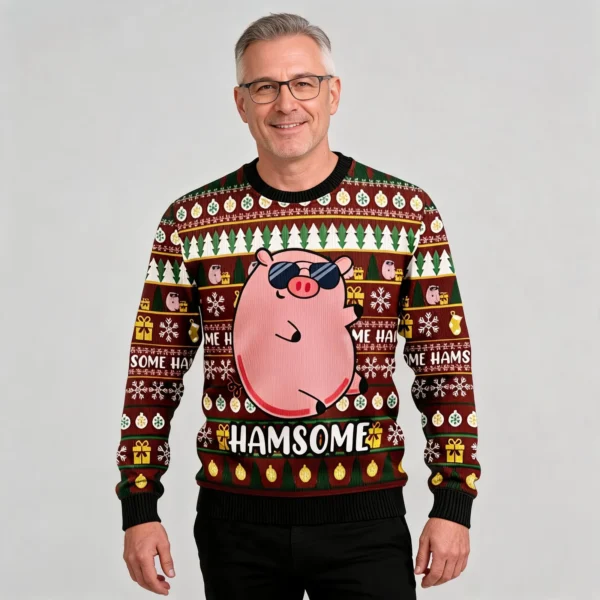 Handsome Cute Pig Ugly Christmas Sweater Animal Design Christmas Gift worn by a model