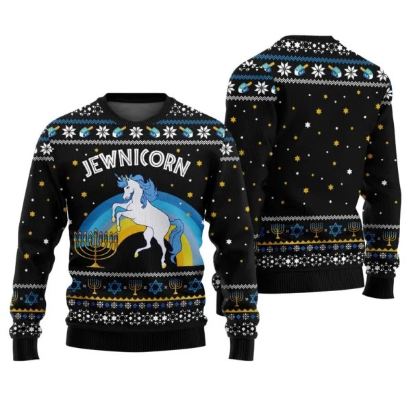 hilarious jewnicorn ugly hanukkah sweater black perfect winter merch.webp