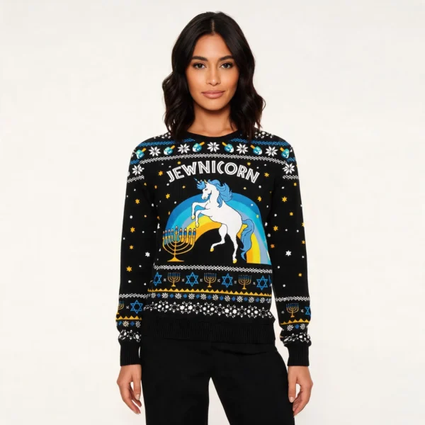 Hilarious Jewnicorn Ugly Hanukkah Sweater Blac