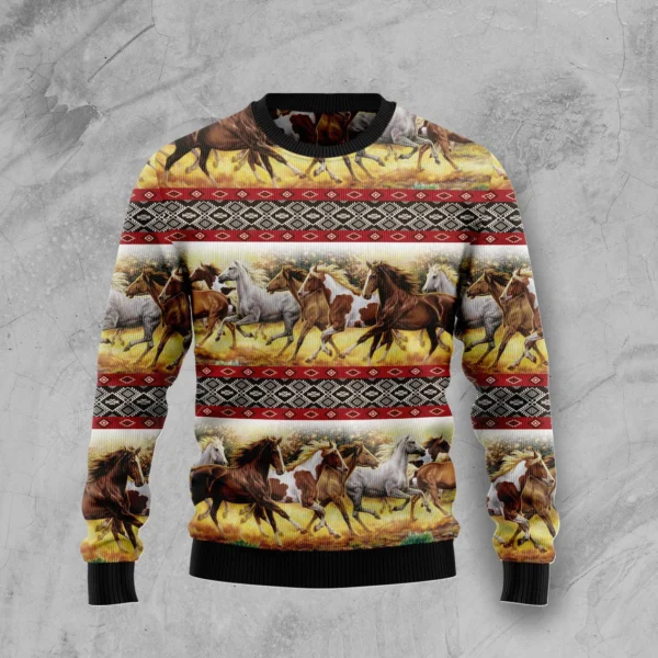 horse native american pattern ugly christmas sweater warm clothing.webp