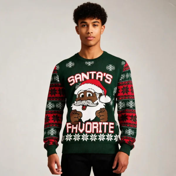 Humorous African American Santa Ugly Sweater Merry Christmas worn by a model