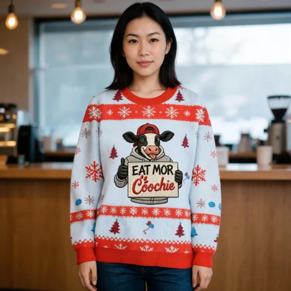 Humorous Thumbs Up Cow Christmas Ugly Sweater Xmas Apparel Cool worn by a model