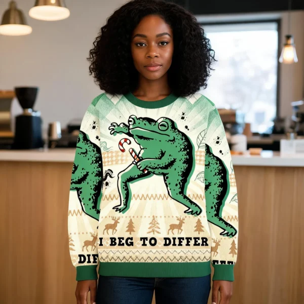 I Beg To Differ Funny Frog Christmas Ugly Sweater Holiday Wear worn by a model