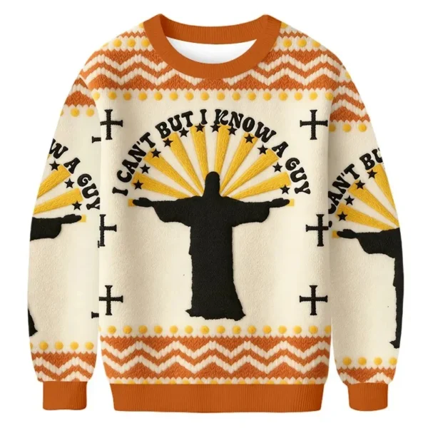 i can t but i know a guy ugly sweater christian themed holiday.webp