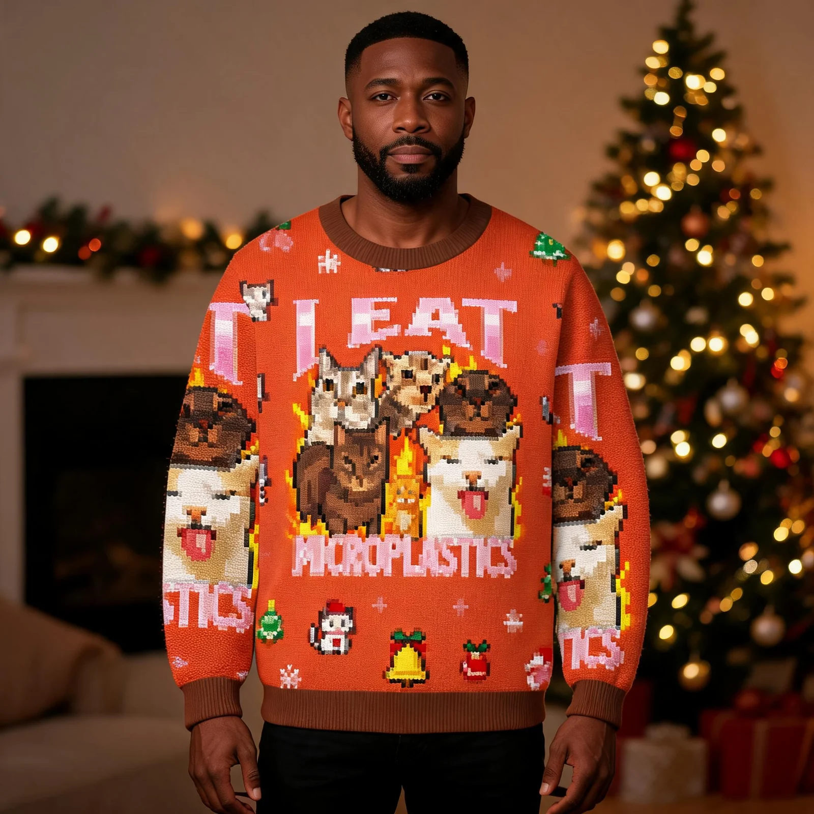 I Eat Microplastics Funny Cat Meme Christmas Ugly Sweater Xmas Wear I Eat Microplastics Funny Cat Meme Christmas Ugly Sweater Xmas Wear worn by a model