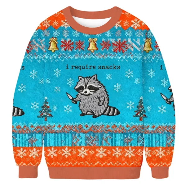i require snacks funny raccoon christmas ugly sweater xmas wear.webp