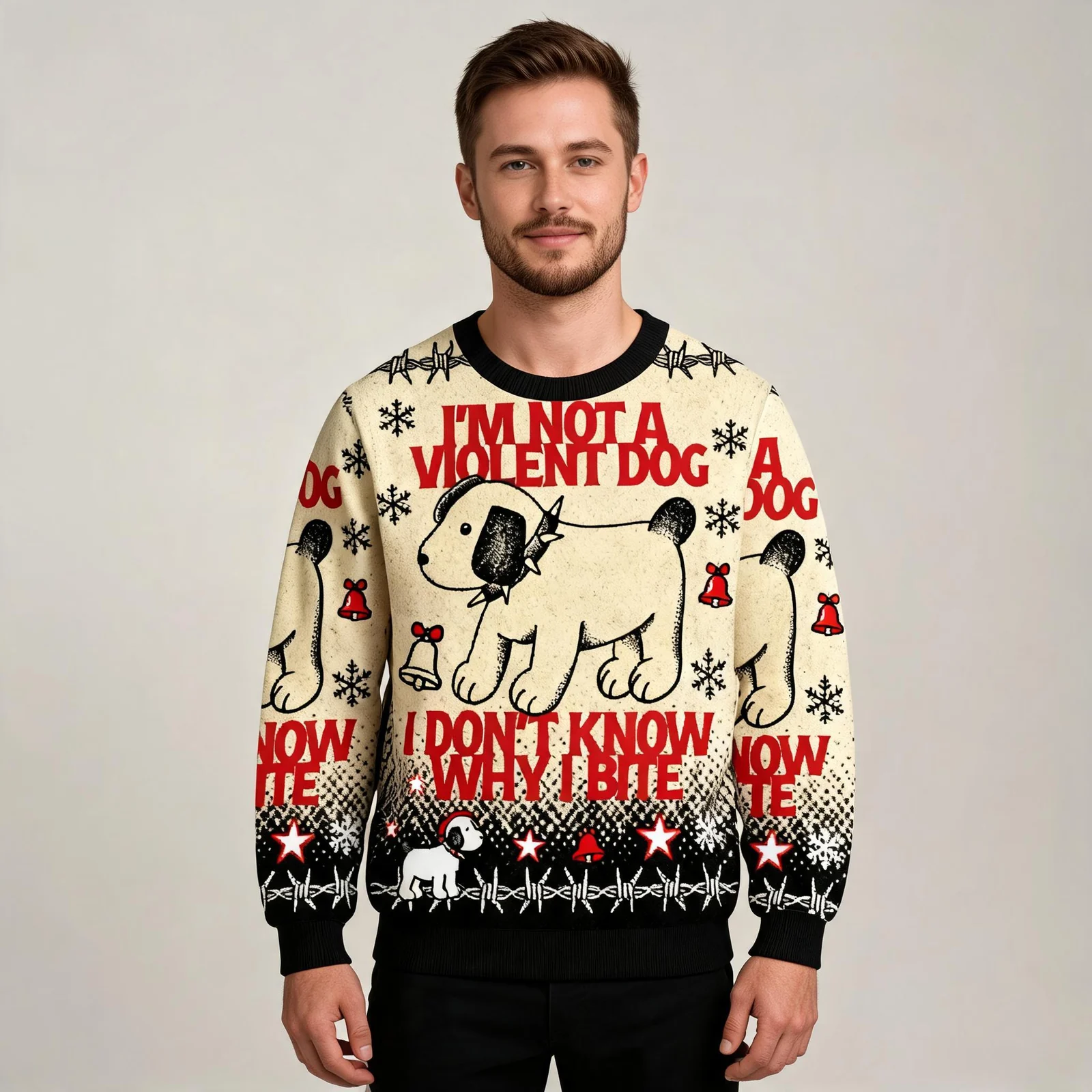 I’m Not Violent Dog I Don’t Know Why I Bite Ugly Sweater Holiday I’m Not Violent Dog I Don’t Know Why I Bite Ugly Sweater Holiday worn by a model