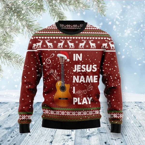 in jesus name i play guitar ugly christmas sweater winter clothing.webp