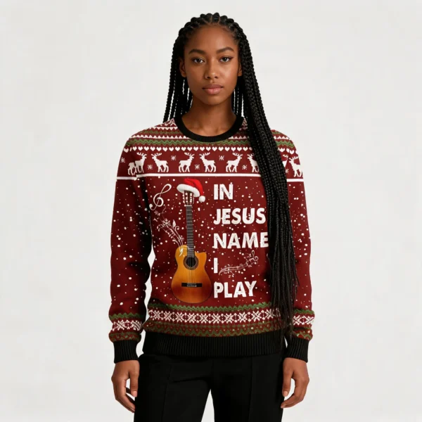 In Jesus Name I Play Guitar Ugly Christmas Swe