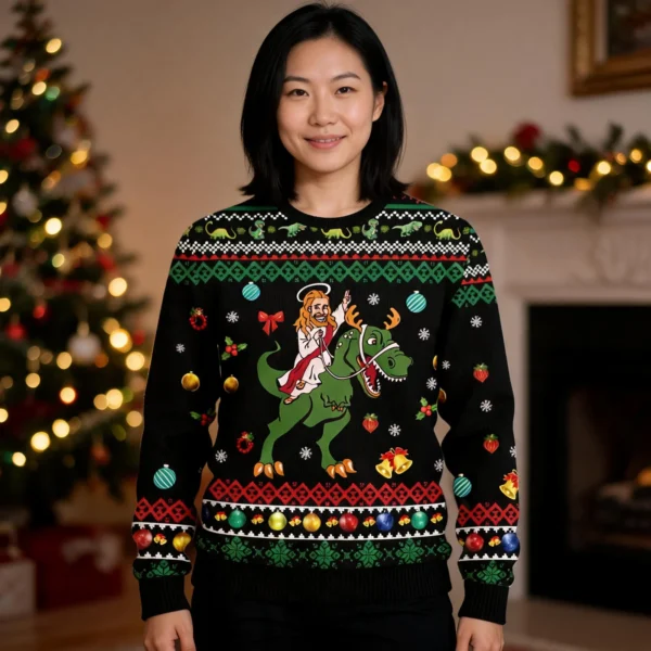 Jesus Christmas Ugly Christmas Sweater Dinosaur Design Cold Weather worn by a model