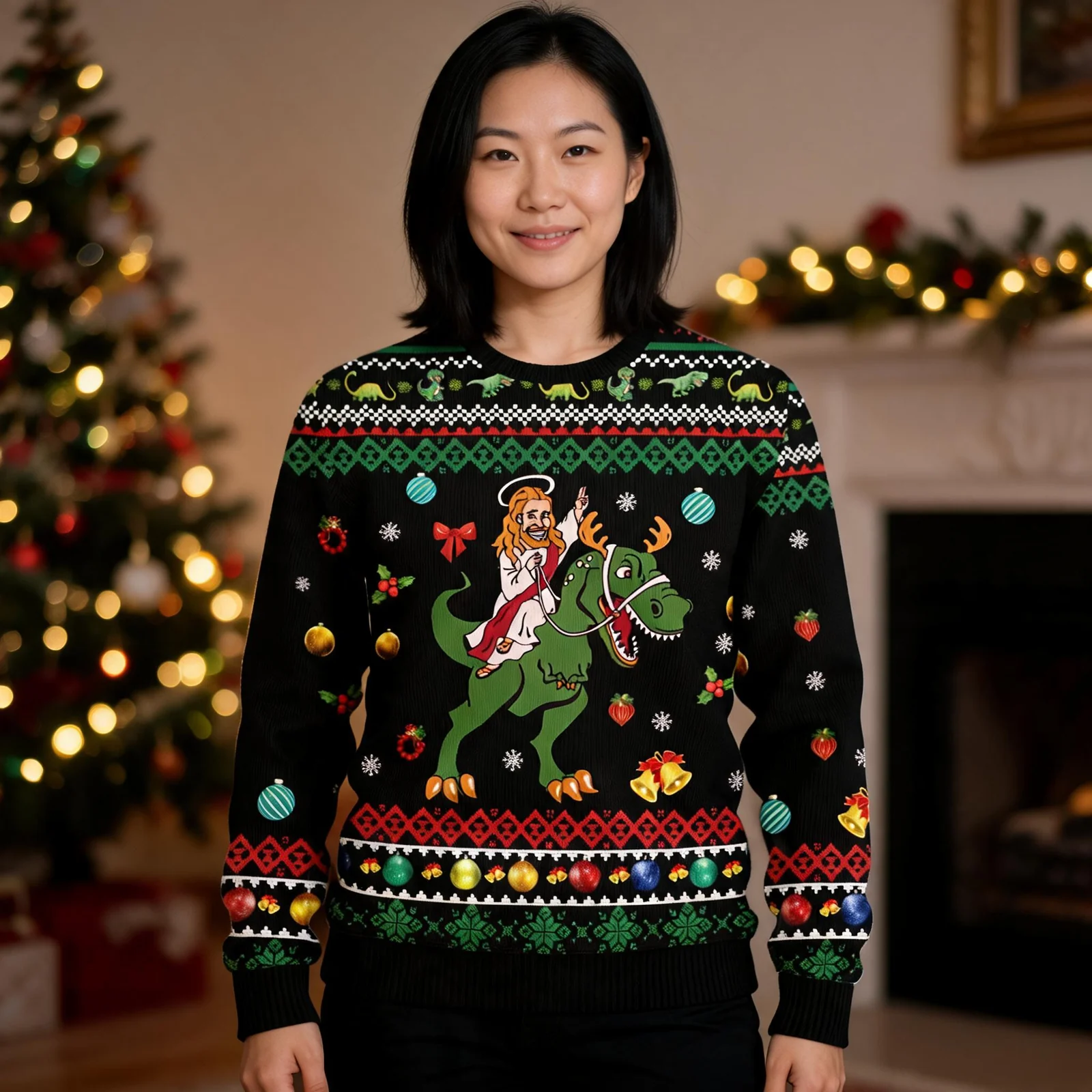 Jesus Christmas Ugly Christmas Sweater Dinosaur Design Cold Weather Jesus Christmas Ugly Christmas Sweater Dinosaur Design Cold Weather worn by a model