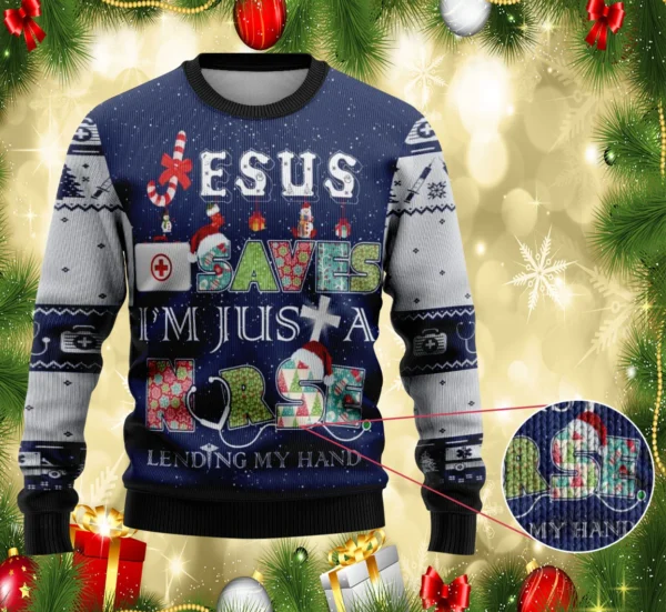 jesus saves i m just a nurse lending my hand christmas ugly sweater.webp