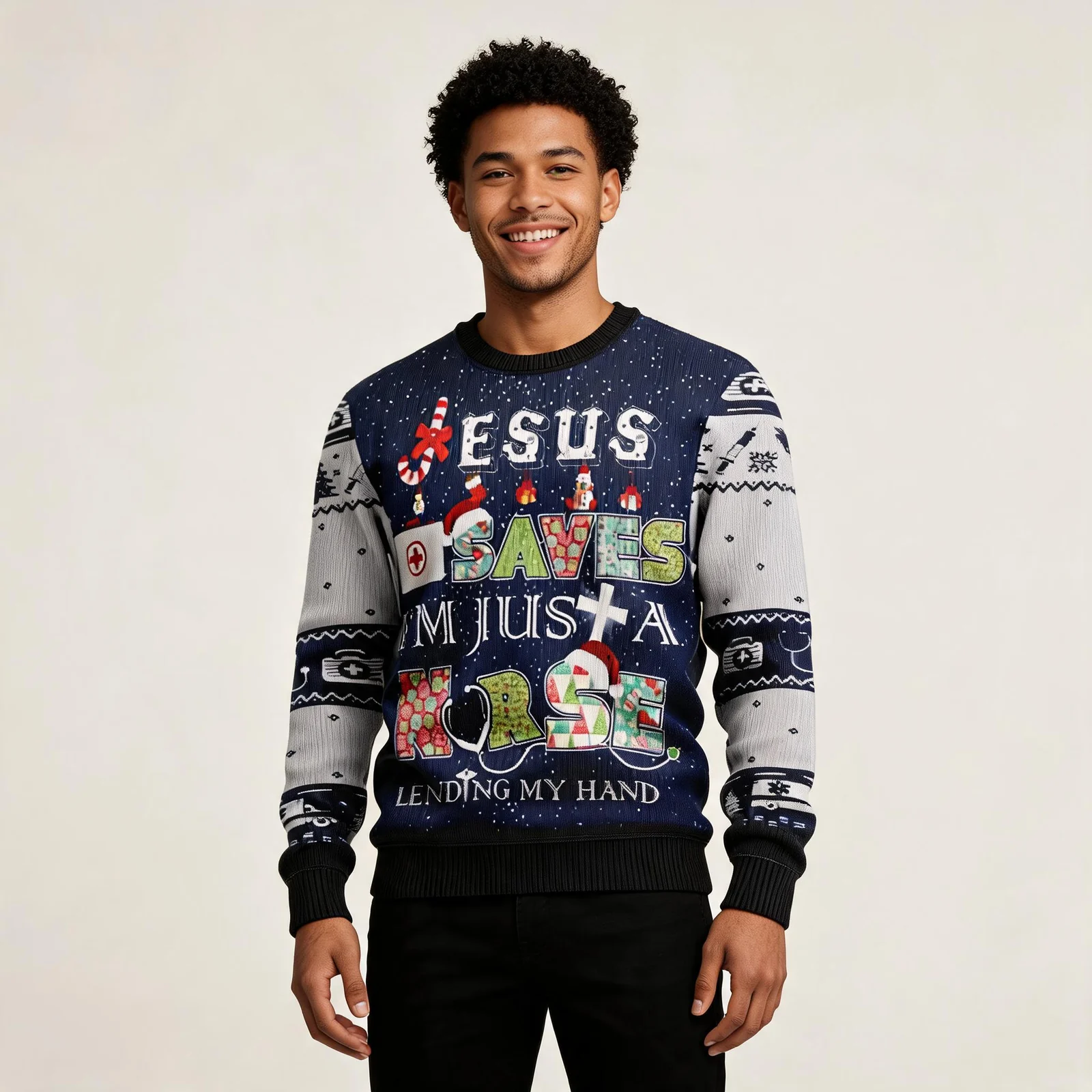 Jesus Saves, I’m Just a Nurse Lending My Hand Christmas Ugly Sweater Jesus Saves, I’m Just a Nurse Lending My Hand Christmas Ugly Sweater worn by a model