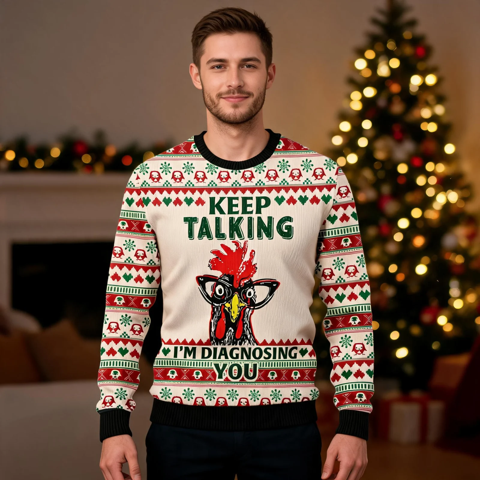 Keep Talking Im Diagnosing You Chicken Ugly Christmas Sweater Keep Talking Im Diagnosing You Chicken Ugly Christmas Sweater worn by a model