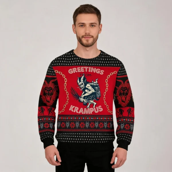 Krampus Sweater Greetings From Krampus Ugly Christmas Sweater worn by a model