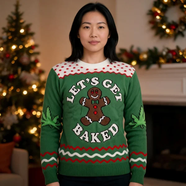Let’S Get Baked Happy Gingerbread Ugly Christmas Sweater Xmas Party worn by a model