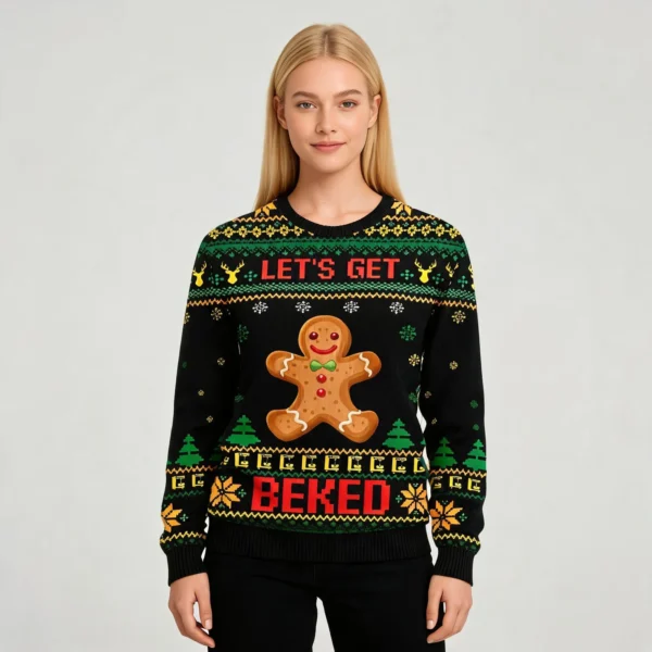 Let’s Get Baked Ugly Christmas Sweater Gingerbread Design Christmas worn by a model