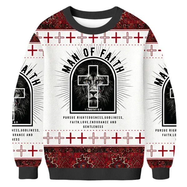lion man of faith ugly sweater holy cross pattern christian clothing.webp