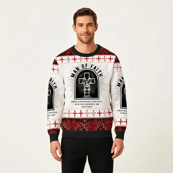 Lion Man Of Faith Ugly Sweater Holy Cross Patt