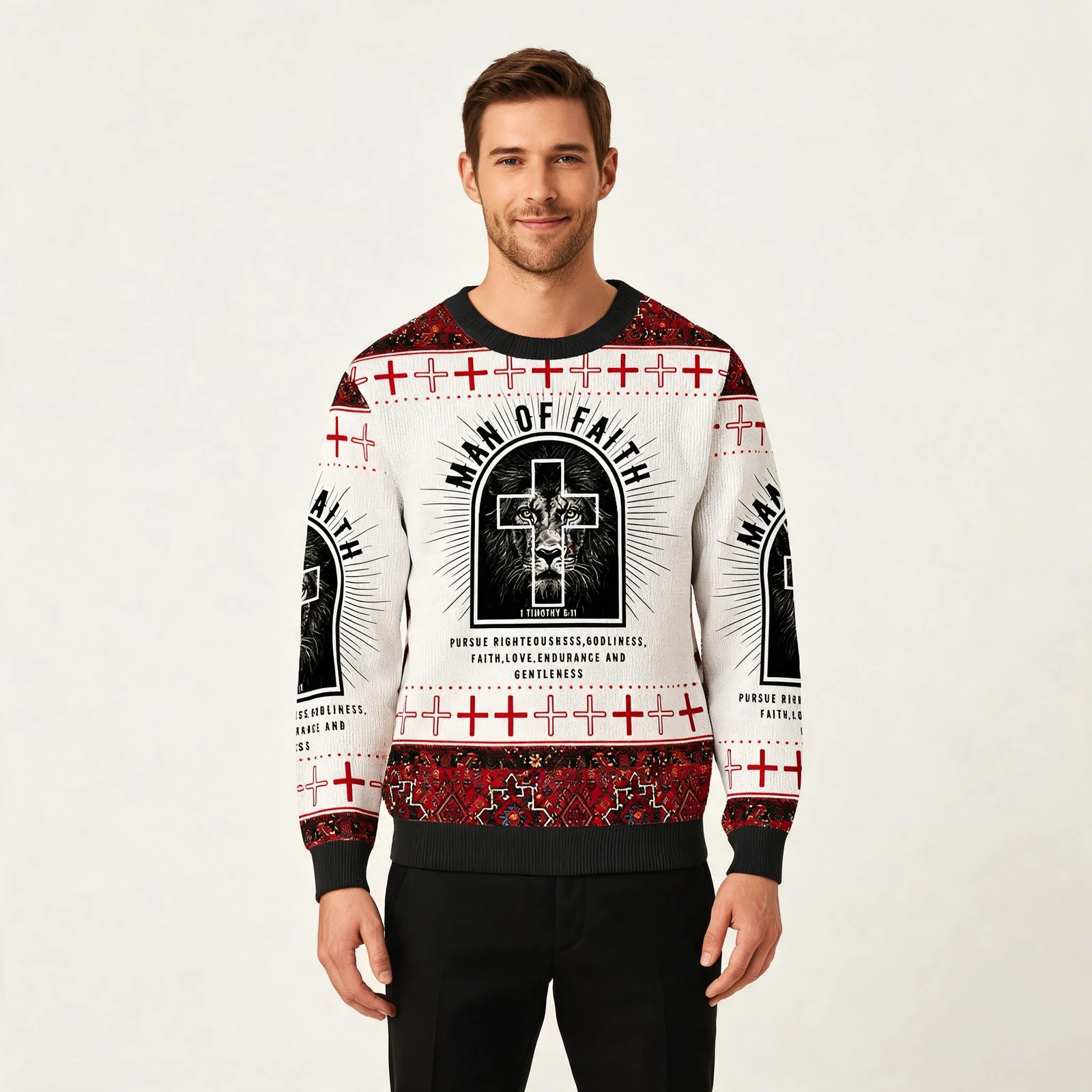 Lion Man Of Faith Ugly Sweater Holy Cross Patt Lion Man Of Faith Ugly Sweater Holy Cross Patt