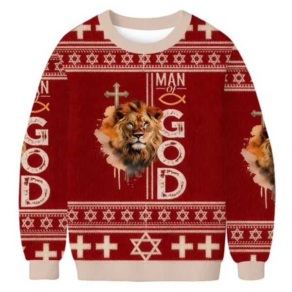 lion man of god ugly sweater animal themed holiday clothing christian.webp