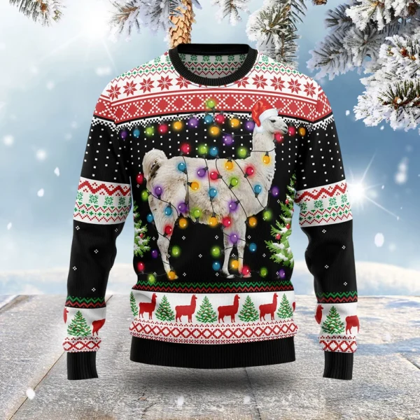 llama wears hat ugly christmas sweater animal themed winter clothing.webp