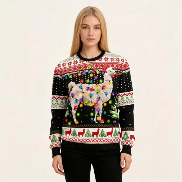 Llama Wears Hat Ugly Christmas Sweater Animal