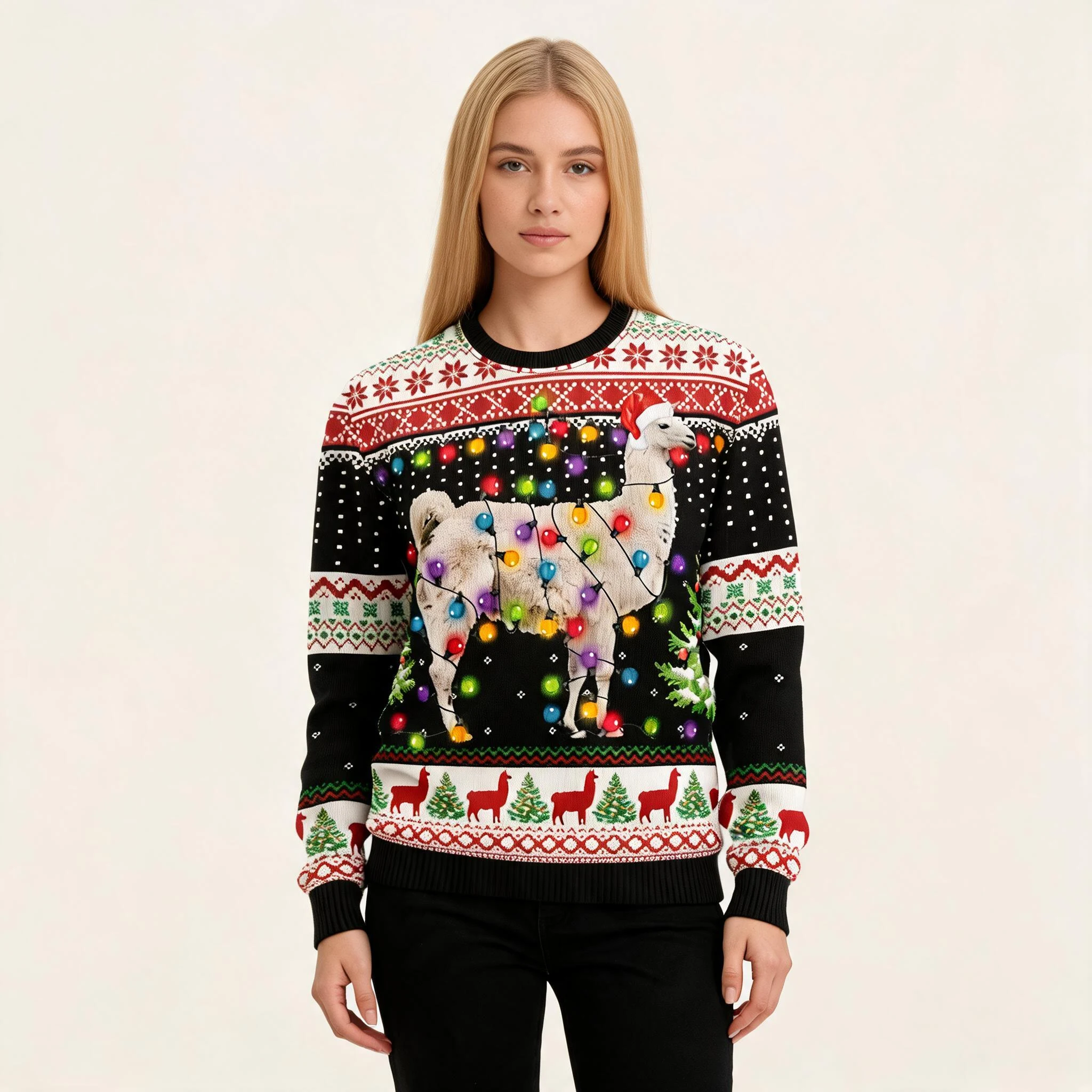 Llama Wears Hat Ugly Christmas Sweater Animal Llama Wears Hat Ugly Christmas Sweater Animal